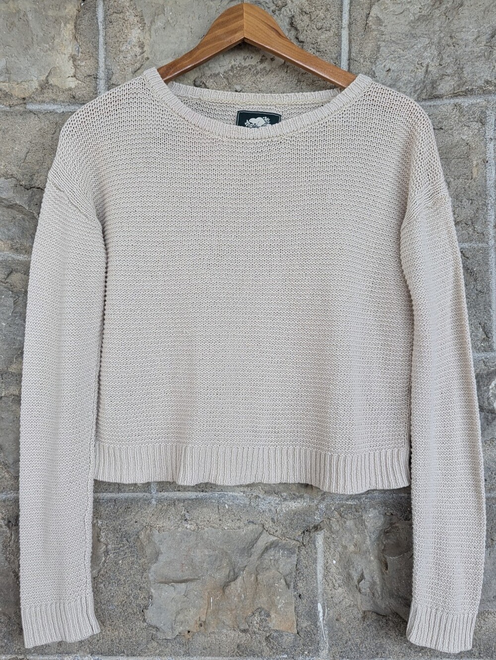 Roots Off-the-shoulder Waist Length Pullover Knit Sweater Beige Autumn Small
